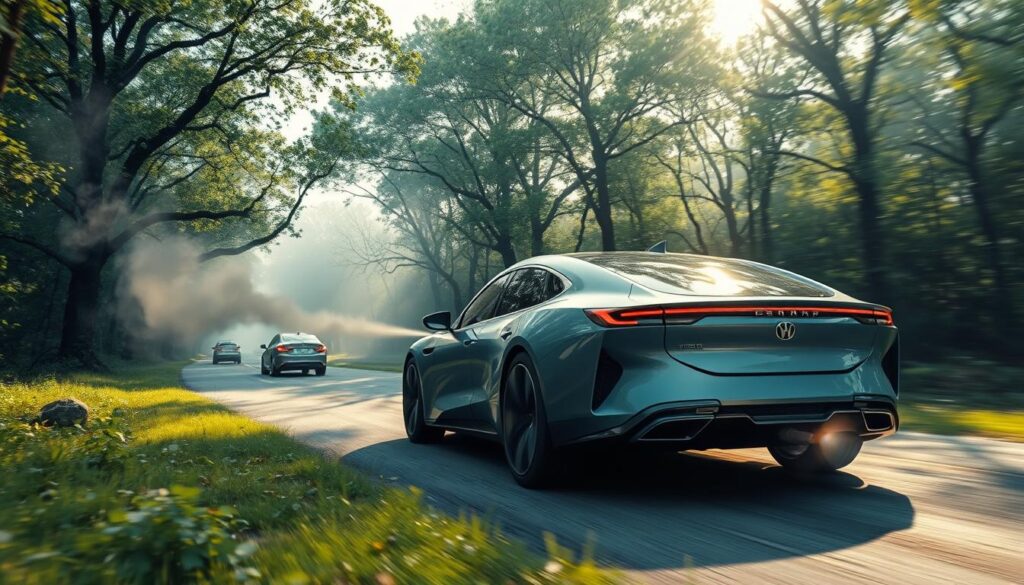 A futuristic hybrid car silently gliding through a lush, verdant landscape, its sleek, aerodynamic form cutting through the air with minimal emissions. In the foreground, a transparent exhaust pipe emits only a faint wisp of clean, harmless vapor, contrasting with the thick, black plumes of pollution belched by outdated vehicles in the background. Soft, diffused sunlight filters through the canopy of towering trees, casting a warm, eco-friendly glow on the scene. The car's dashboard displays real-time data on its impressive emissions reduction and fuel efficiency, underscoring its environmental benefits. A futuristic hybrid car silently gliding through a lush, verdant landscape, its sleek, aerodynamic form cutting through the air with minimal emissions. In the foreground, a transparent exhaust pipe emits only a faint wisp of clean, harmless vapor, contrasting with the thick, black plumes of pollution belched by outdated vehicles in the background. Soft, diffused sunlight filters through the canopy of towering trees, casting a warm, eco-friendly glow on the scene. The car's dashboard displays real-time data on its impressive emissions reduction and fuel efficiency, underscoring its environmental benefits.