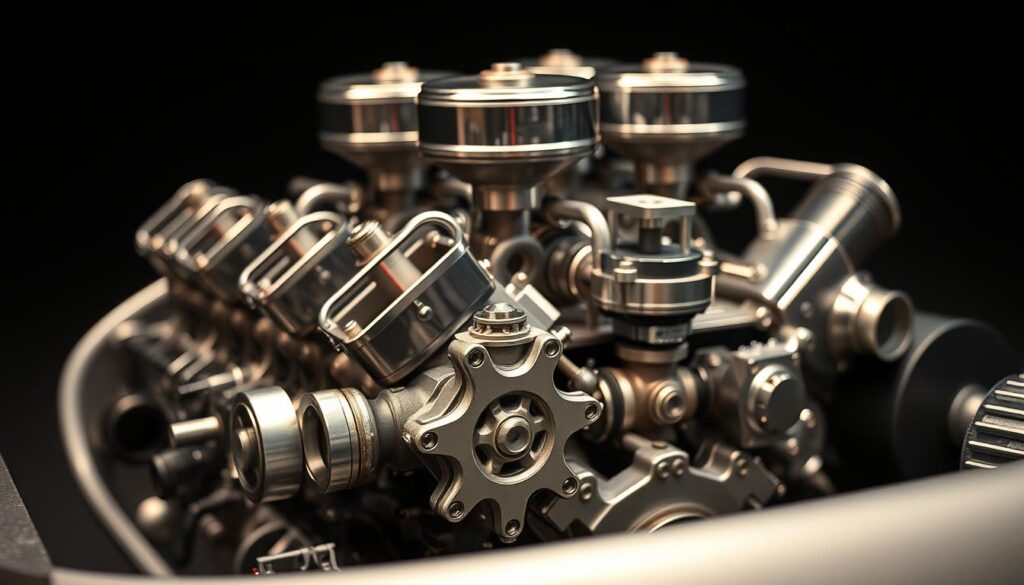 A high-performance racing engine, its intricate metalwork gleaming under the soft glow of studio lighting. Sleek pistons and camshafts, polished to a mirror finish, suggest raw power and engineering prowess. In the foreground, a vintage carburetor assembly takes center stage, its complex geometry hinting at the engine's heritage and pedigree. The background fades into a moody, atmospheric setting, allowing the engineering details to command attention. Subtle shadows and highlights accentuate the sculptural forms, creating a sense of depth and dimensionality. This image celebrates the pinnacle of automotive engineering, where innovation and performance converge to forge a legendary racing heritage. A high-performance racing engine, its intricate metalwork gleaming under the soft glow of studio lighting. Sleek pistons and camshafts, polished to a mirror finish, suggest raw power and engineering prowess. In the foreground, a vintage carburetor assembly takes center stage, its complex geometry hinting at the engine's heritage and pedigree. The background fades into a moody, atmospheric setting, allowing the engineering details to command attention. Subtle shadows and highlights accentuate the sculptural forms, creating a sense of depth and dimensionality. This image celebrates the pinnacle of automotive engineering, where innovation and performance converge to forge a legendary racing heritage.