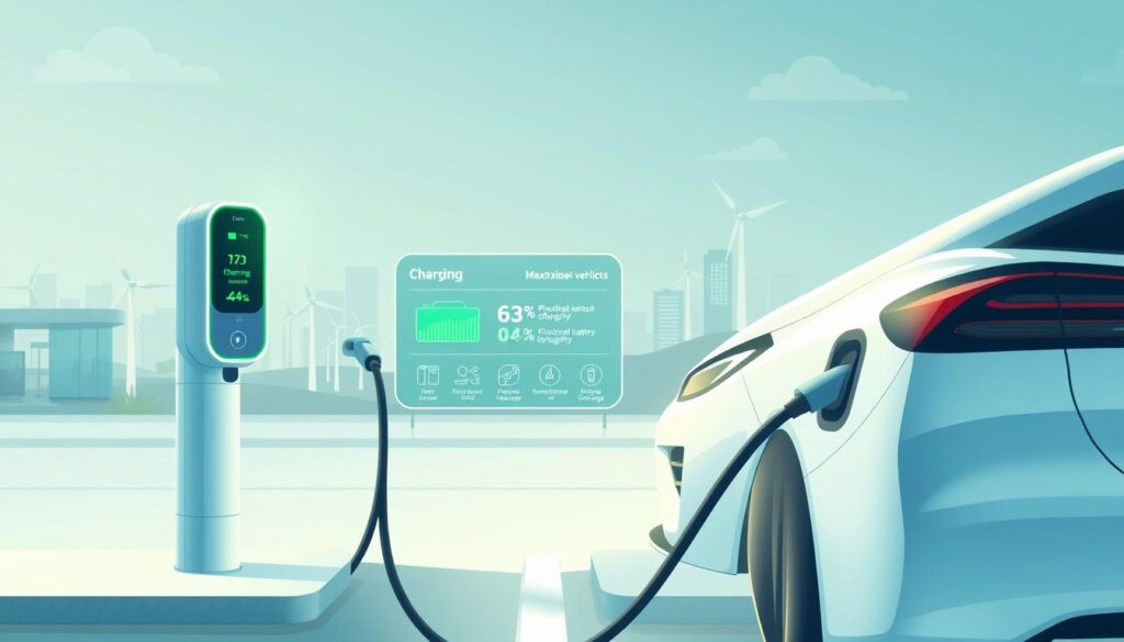 A high-resolution, detailed illustration of optimal electric vehicle charging tips, depicted in a modern, clean style. In the foreground, a sleek EV charging port with an ergonomic charging cable connecting to a mid-range electric vehicle. In the middle ground, a display screen shows charging status, efficiency metrics, and tips for maximizing range and battery longevity. The background features a minimalist urban landscape with smart city infrastructure, renewable energy sources, and charging station icons. Soft, diffused lighting creates a serene, informative atmosphere, emphasizing the efficiency and eco-friendly nature of electric vehicle charging. A high-resolution, detailed illustration of optimal electric vehicle charging tips, depicted in a modern, clean style. In the foreground, a sleek EV charging port with an ergonomic charging cable connecting to a mid-range electric vehicle. In the middle ground, a display screen shows charging status, efficiency metrics, and tips for maximizing range and battery longevity. The background features a minimalist urban landscape with smart city infrastructure, renewable energy sources, and charging station icons. Soft, diffused lighting creates a serene, informative atmosphere, emphasizing the efficiency and eco-friendly nature of electric vehicle charging.