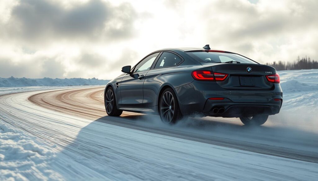 A high-speed car negotiating a sharp turn on a snowy road, its electronic stability control system activating to prevent a dangerous skid. The vehicle's tires grip the slippery surface as the rear end begins to slide, the onboard computer quickly adjusting the engine torque and braking to stabilize the car. The scene is illuminated by a bright winter sun peeking through heavy clouds, casting long shadows across the winding tarmac. The driver's hands are firmly on the steering wheel, their expression focused as they navigate the treacherous conditions. The overall mood is one of tension and control, highlighting the importance of advanced safety features in inclement weather. A high-speed car negotiating a sharp turn on a snowy road, its electronic stability control system activating to prevent a dangerous skid. The vehicle's tires grip the slippery surface as the rear end begins to slide, the onboard computer quickly adjusting the engine torque and braking to stabilize the car. The scene is illuminated by a bright winter sun peeking through heavy clouds, casting long shadows across the winding tarmac. The driver's hands are firmly on the steering wheel, their expression focused as they navigate the treacherous conditions. The overall mood is one of tension and control, highlighting the importance of advanced safety features in inclement weather.