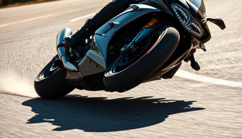 A high-speed motorcycle cutting through a sharp, banked turn, the rider leaning low and the bike's tires gripping the asphalt. The scene is captured from a dynamic, low-angle perspective, emphasizing the speed and precision of the maneuver. Bright sunlight illuminates the scene, casting dramatic shadows and highlights across the bike's sleek, aerodynamic lines. The rider's body is in perfect form, their movements fluid and controlled as they navigate the turn. The background is blurred, placing the focus entirely on the motorcycle and rider's technical mastery of the cornering technique. A high-speed motorcycle cutting through a sharp, banked turn, the rider leaning low and the bike's tires gripping the asphalt. The scene is captured from a dynamic, low-angle perspective, emphasizing the speed and precision of the maneuver. Bright sunlight illuminates the scene, casting dramatic shadows and highlights across the bike's sleek, aerodynamic lines. The rider's body is in perfect form, their movements fluid and controlled as they navigate the turn. The background is blurred, placing the focus entirely on the motorcycle and rider's technical mastery of the cornering technique.