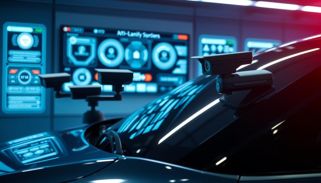 A high-tech anti-theft system takes center stage, with sleek sensors and cameras discreetly integrated into the car's exterior. In the background, a state-of-the-art control panel showcases a user-friendly interface, allowing for seamless remote monitoring and real-time alerts. The scene is bathed in a cool, futuristic lighting, emphasizing the advanced nature of these cutting-edge security features. Subtle reflections on the car's glossy surface add depth and a sense of technological sophistication. The overall composition conveys a sense of security, innovation, and the relentless pursuit of protecting modern vehicles from theft.