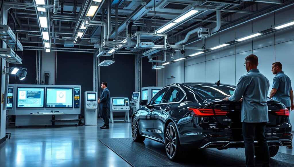 A high-tech vehicle security testing laboratory with sophisticated equipment and instrumentation. In the foreground, a car is undergoing a series of security checks, with engineers closely monitoring the process on digital displays. The middle ground features a range of advanced security systems, including motion detectors, cameras, and access control panels. The background showcases a sleek, modern interior with state-of-the-art lighting, creating a professional and futuristic atmosphere. The overall scene conveys a sense of cutting-edge technology and rigorous testing methodologies employed to ensure the highest levels of car security.