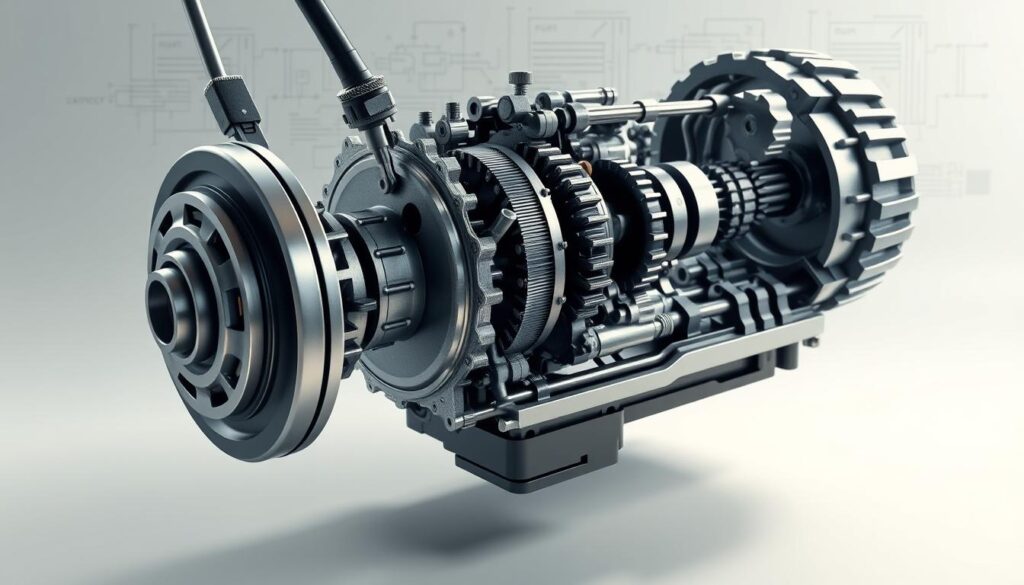 A highly detailed and technical cutaway illustration of the internal components of a manual transmission system. The foreground depicts the clutch pedal, gearshift lever, and associated linkages in crisp detail, showcasing their mechanical operation. The middle ground reveals the transmission housing, with a partially exposed gear train and synchronizers visible. The background features a clean, minimalist environment with muted technical diagrams or schematics, providing context and emphasizing the engineering principles. Lighting is soft and directional, creating depth and highlighting the intricate machinery. The overall mood is one of precision, functionality, and a focus on the core mechanical workings of a manual transmission. A highly detailed and technical cutaway illustration of the internal components of a manual transmission system. The foreground depicts the clutch pedal, gearshift lever, and associated linkages in crisp detail, showcasing their mechanical operation. The middle ground reveals the transmission housing, with a partially exposed gear train and synchronizers visible. The background features a clean, minimalist environment with muted technical diagrams or schematics, providing context and emphasizing the engineering principles. Lighting is soft and directional, creating depth and highlighting the intricate machinery. The overall mood is one of precision, functionality, and a focus on the core mechanical workings of a manual transmission.