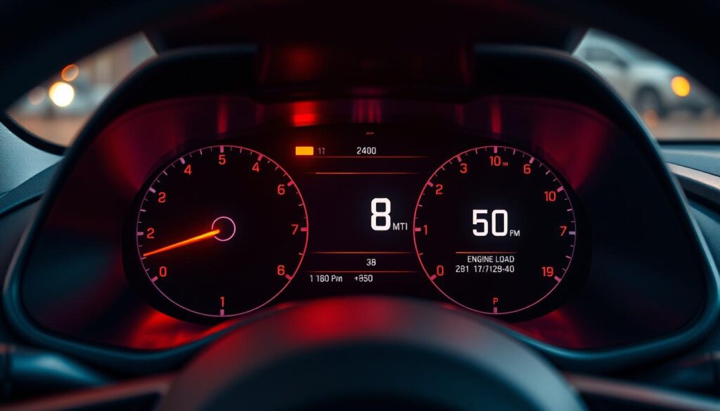 A highly detailed, photorealistic rendering of an automobile engine dashboard display, showcasing the engine load and fuel consumption metrics. The display is illuminated with warm, soft lighting, creating a precise, technical aesthetic. The background features a blurred, out-of-focus view of the car's interior, emphasizing the instrument panel as the focal point. The display shows real-time data, with the engine load and fuel consumption values dynamically updating. The overall composition and attention to detail convey a sense of precision, efficiency, and the importance of monitoring these critical driving parameters.
