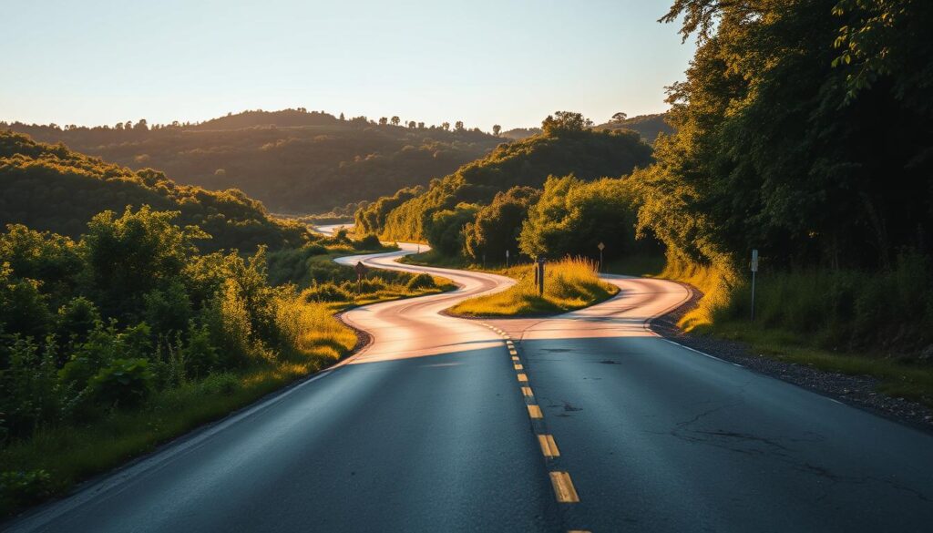 A long, winding country road winds through a lush, verdant landscape. The sun casts a warm, golden glow over the scene, creating a sense of tranquility and serenity. In the foreground, the road is clear and well-maintained, with smooth asphalt and well-defined lane markings. However, in the distance, the road becomes more treacherous, with sharp turns, potholes, and debris scattered across the surface. Thick foliage on the sides of the road obscures visibility, and the winding path makes it difficult to anticipate what lies ahead. The overall atmosphere conveys a sense of caution and the need for defensive driving, as the road conditions require heightened awareness and careful maneuvering to navigate safely. A long, winding country road winds through a lush, verdant landscape. The sun casts a warm, golden glow over the scene, creating a sense of tranquility and serenity. In the foreground, the road is clear and well-maintained, with smooth asphalt and well-defined lane markings. However, in the distance, the road becomes more treacherous, with sharp turns, potholes, and debris scattered across the surface. Thick foliage on the sides of the road obscures visibility, and the winding path makes it difficult to anticipate what lies ahead. The overall atmosphere conveys a sense of caution and the need for defensive driving, as the road conditions require heightened awareness and careful maneuvering to navigate safely.