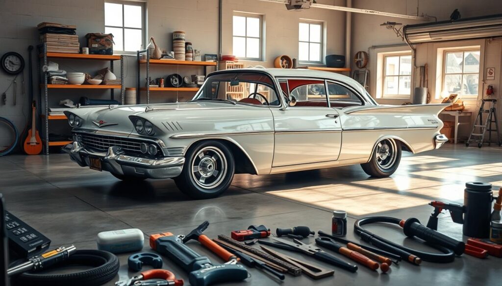 A meticulously preserved classic car in a well-lit, spacious garage. The vehicle, a gleaming 1960s American sedan, sits on a polished concrete floor, its chrome trim and pristine paint job reflecting the warm, diffused lighting. In the foreground, a set of specialized tools and cleaning supplies are neatly arranged, hinting at the owner's dedication to maintaining the car's condition. The background features shelves filled with spare parts and restoration manuals, while large windows allow natural light to filter in, creating a sense of airiness and care. The overall atmosphere conveys a harmonious balance of preservation and appreciation for this timeless automotive treasure. A meticulously preserved classic car in a well-lit, spacious garage. The vehicle, a gleaming 1960s American sedan, sits on a polished concrete floor, its chrome trim and pristine paint job reflecting the warm, diffused lighting. In the foreground, a set of specialized tools and cleaning supplies are neatly arranged, hinting at the owner's dedication to maintaining the car's condition. The background features shelves filled with spare parts and restoration manuals, while large windows allow natural light to filter in, creating a sense of airiness and care. The overall atmosphere conveys a harmonious balance of preservation and appreciation for this timeless automotive treasure.
