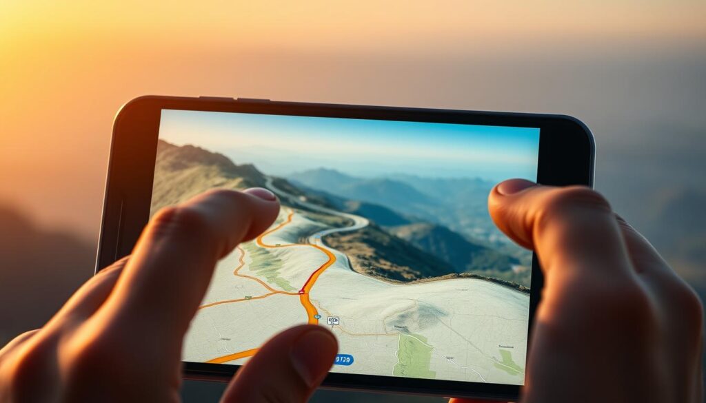 A mobile device displays a detailed road map, its screen illuminated by warm, ambient light. In the foreground, fingers deftly pinch and zoom, plotting a scenic route through winding mountain roads. In the middle ground, the map transitions seamlessly to a satellite view, revealing the broader landscape. In the background, a hazy horizon frames the journey ahead, evoking a sense of adventure and discovery. The composition is balanced, with a clean, minimalist aesthetic that prioritizes functionality and user-friendliness. Soft shadows and highlights add depth and dimension, creating a polished, professional look suitable for a travel safety guide. A mobile device displays a detailed road map, its screen illuminated by warm, ambient light. In the foreground, fingers deftly pinch and zoom, plotting a scenic route through winding mountain roads. In the middle ground, the map transitions seamlessly to a satellite view, revealing the broader landscape. In the background, a hazy horizon frames the journey ahead, evoking a sense of adventure and discovery. The composition is balanced, with a clean, minimalist aesthetic that prioritizes functionality and user-friendliness. Soft shadows and highlights add depth and dimension, creating a polished, professional look suitable for a travel safety guide.