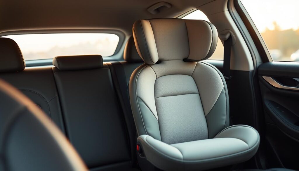 A modern, sleek booster car seat with a high-backed design, positioned in a well-lit, spacious interior. The seat has a plush, cushioned surface in a neutral tone, complementing the clean, contemporary styling. Soft ambient lighting casts a warm glow, creating a cozy, inviting atmosphere. The seat is angled slightly to showcase its ergonomic shape, designed for maximum comfort and support. The background is blurred, allowing the car seat to be the focal point, emphasizing its importance as a crucial safety feature for a child's travel.