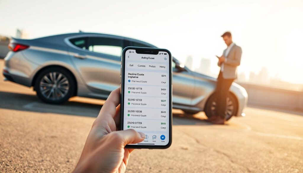 A modern, sleek sedan with a gleaming silver exterior sits in a bright, sunlit parking lot. In the foreground, a smartphone displays an insurance quote website, its interface clean and intuitive. The middle ground shows a young professional, dressed smartly, comparing multiple quote options on the screen. In the background, a city skyline rises, hinting at the bustling world beyond. The lighting is soft and natural, casting a warm, inviting glow over the scene. The overall mood conveys a sense of confidence, efficiency, and the ease of finding the best car insurance coverage. A modern, sleek sedan with a gleaming silver exterior sits in a bright, sunlit parking lot. In the foreground, a smartphone displays an insurance quote website, its interface clean and intuitive. The middle ground shows a young professional, dressed smartly, comparing multiple quote options on the screen. In the background, a city skyline rises, hinting at the bustling world beyond. The lighting is soft and natural, casting a warm, inviting glow over the scene. The overall mood conveys a sense of confidence, efficiency, and the ease of finding the best car insurance coverage.