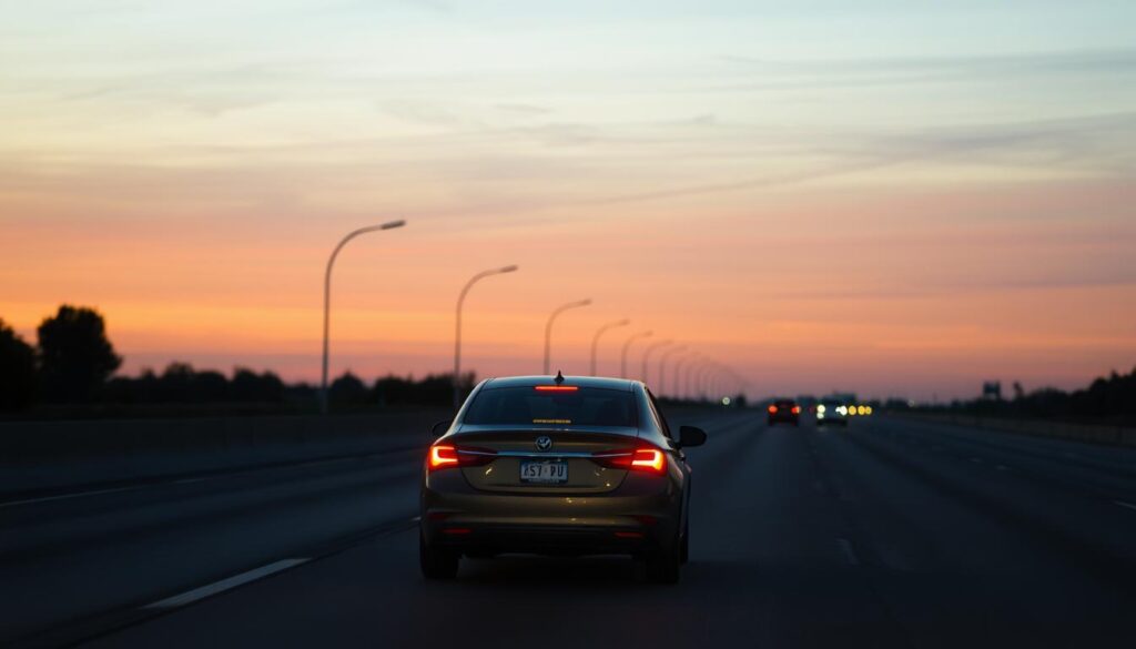 A multi-lane highway at dusk, with a car in the middle lane performing a blind spot check before changing lanes. The car's turn signal is activated, and the driver is carefully monitoring their side mirrors. The background features a gradual fading of the sky from a warm orange to a deep blue, creating a sense of depth and atmosphere. The lighting is soft and diffused, with just enough contrast to highlight the car's form and the driver's actions. The image conveys a sense of responsible, attentive driving and the importance of proper lane discipline and safe lane changes. A multi-lane highway at dusk, with a car in the middle lane performing a blind spot check before changing lanes. The car's turn signal is activated, and the driver is carefully monitoring their side mirrors. The background features a gradual fading of the sky from a warm orange to a deep blue, creating a sense of depth and atmosphere. The lighting is soft and diffused, with just enough contrast to highlight the car's form and the driver's actions. The image conveys a sense of responsible, attentive driving and the importance of proper lane discipline and safe lane changes.