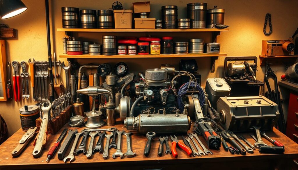 A neatly arranged collection of classic automotive restoration tools and parts, meticulously displayed on a sturdy workbench under warm, directional lighting. In the foreground, vintage wrenches, pliers, and screwdrivers stand ready. The middle ground showcases an array of authentic parts, including a gleaming carburetor, freshly polished chrome trim, and a freshly painted engine block. In the background, shelves hold pristine original components and rare NOS parts, casting a nostalgic glow over the scene. The overall atmosphere evokes a sense of craftsmanship, precision, and a steadfast commitment to preserving the integrity of a timeless automotive icon. A neatly arranged collection of classic automotive restoration tools and parts, meticulously displayed on a sturdy workbench under warm, directional lighting. In the foreground, vintage wrenches, pliers, and screwdrivers stand ready. The middle ground showcases an array of authentic parts, including a gleaming carburetor, freshly polished chrome trim, and a freshly painted engine block. In the background, shelves hold pristine original components and rare NOS parts, casting a nostalgic glow over the scene. The overall atmosphere evokes a sense of craftsmanship, precision, and a steadfast commitment to preserving the integrity of a timeless automotive icon.
