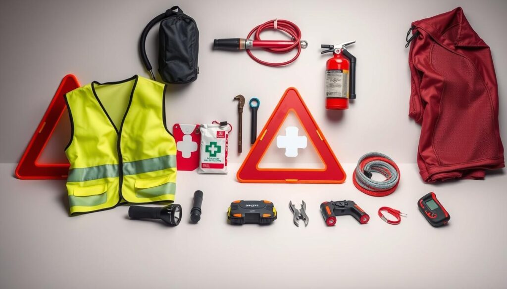 A neatly arranged collection of essential car emergency supplies rests on a clean, neutral-toned surface. In the foreground, a high-visibility safety vest, a reflective warning triangle, and a heavy-duty flashlight stand ready for use. In the middle ground, a compact first-aid kit, a multi-tool, and a set of jumper cables are displayed with precision. The background features a fire extinguisher, a tow strap, and a weather-resistant emergency blanket, all positioned to create a sense of preparedness and organization. The lighting is soft and diffused, highlighting the functional yet minimalist design of the items. The overall mood conveys a sense of confidence and control, emphasizing the importance of being equipped for unexpected situations while on the road. A neatly arranged collection of essential car emergency supplies rests on a clean, neutral-toned surface. In the foreground, a high-visibility safety vest, a reflective warning triangle, and a heavy-duty flashlight stand ready for use. In the middle ground, a compact first-aid kit, a multi-tool, and a set of jumper cables are displayed with precision. The background features a fire extinguisher, a tow strap, and a weather-resistant emergency blanket, all positioned to create a sense of preparedness and organization. The lighting is soft and diffused, highlighting the functional yet minimalist design of the items. The overall mood conveys a sense of confidence and control, emphasizing the importance of being equipped for unexpected situations while on the road.