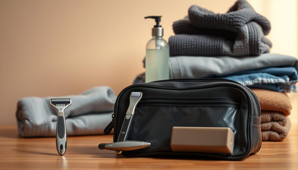 A neatly arranged collection of personal care essentials against a soft, warm-toned background. In the foreground, a high-quality toiletry bag showcases various grooming items - a sleek razor, a travel-sized deodorant, a toothbrush and toothpaste, and a luxurious bar of soap. Behind it, a folded towel and a travel-sized shampoo bottle sit atop a wooden surface, bathed in gentle, diffused lighting. In the middle ground, a set of neatly folded clothing items, including a cozy sweater and a pair of comfortable jeans, add to the scene's sense of preparedness and organization. The overall mood is one of simplicity, practicality, and attention to detail - all the essential elements for a well-planned road trip.