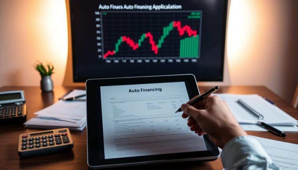 A neatly arranged desk with various financial documents, a calculator, and a pen. In the background, a financial graph or chart projected on a wall, bathed in warm, directional lighting to convey a sense of authority and professionalism. The foreground features a laptop open to an auto financing application, with a hand holding a pen, ready to fill in the details. The overall atmosphere is one of calm, focused concentration, reflecting the subject of "Understanding Auto Financing Basics".