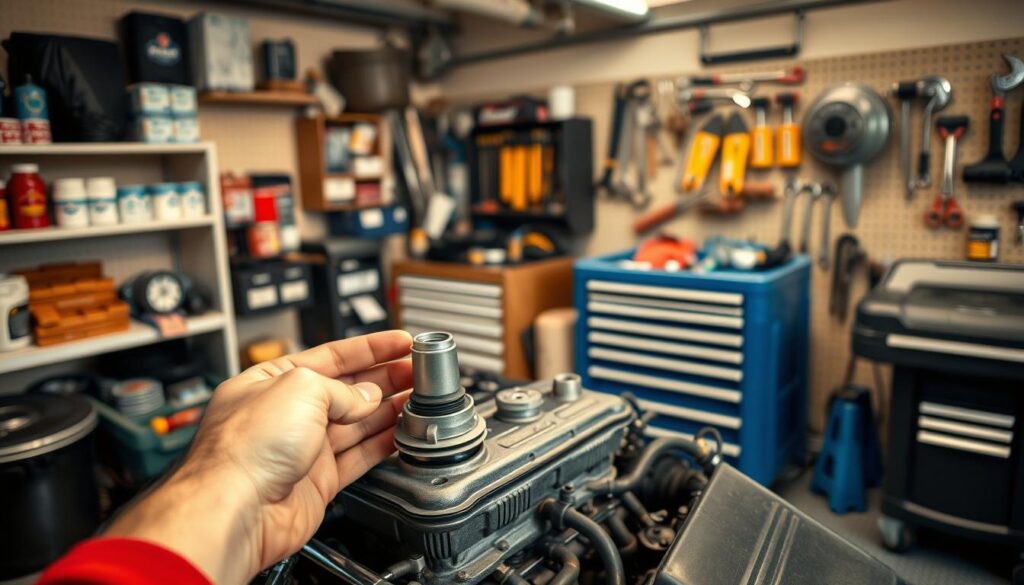 A neatly organized garage workshop with various automotive tools and supplies. In the foreground, a mechanic's hand demonstrates proper oil change techniques on an engine block. Midground shows a well-stocked parts shelf and a rolling toolbox. The background features a wall-mounted toolboard with labeled, color-coded tools. Warm, diffused lighting creates a serene, instructive atmosphere, inviting the viewer to learn vehicle maintenance. The scene conveys a sense of expertise, organization, and care for one's mode of transportation. A neatly organized garage workshop with various automotive tools and supplies. In the foreground, a mechanic's hand demonstrates proper oil change techniques on an engine block. Midground shows a well-stocked parts shelf and a rolling toolbox. The background features a wall-mounted toolboard with labeled, color-coded tools. Warm, diffused lighting creates a serene, instructive atmosphere, inviting the viewer to learn vehicle maintenance. The scene conveys a sense of expertise, organization, and care for one's mode of transportation.