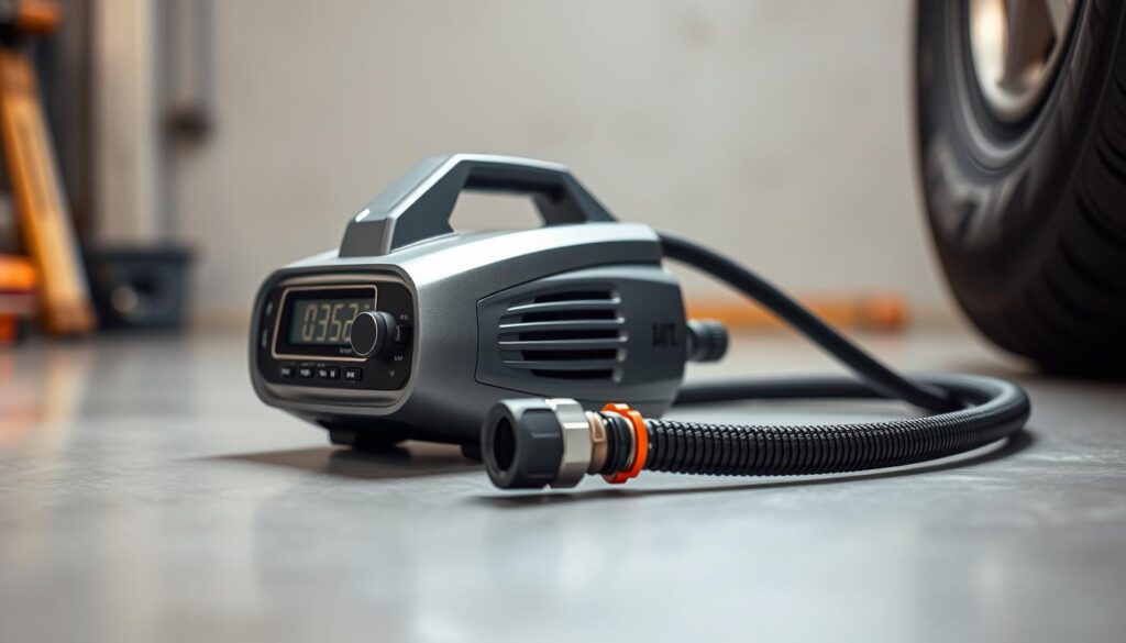 A portable tire inflator device resting on a clean, well-lit workshop surface. The inflator's sleek, silver-gray casing reflects the soft, diffused lighting, conveying a sense of modern, high-quality engineering. In the foreground, the inflator's digital display and various controls are prominently featured, allowing the user to precisely monitor and adjust the air pressure. The middle ground showcases the inflator's long, coiled hose, ready to be extended and connected to a vehicle's tire valve. The background features a subtly blurred, neutral-toned backdrop, keeping the focus on the inflator's functional design and practical utility.