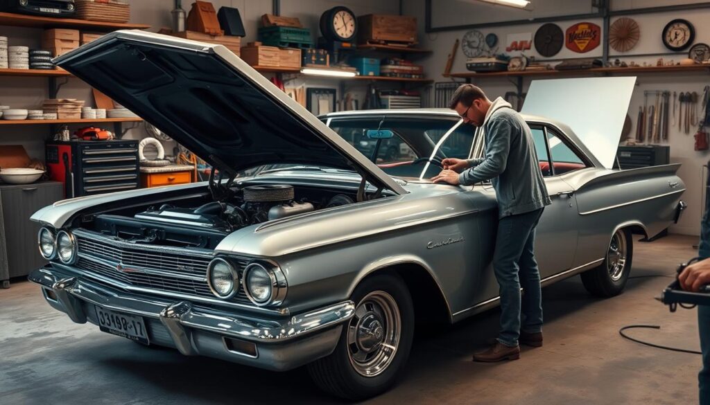 A pristine 1960s American classic car, its sleek chrome-trimmed body gleaming under soft lighting, parked in a well-equipped auto restoration workshop. The mechanic leans over the open hood, carefully inspecting and tinkering with the engine's intricate components, meticulously restoring the vehicle to its former glory. Shelves of tools, parts, and vintage accessories line the walls, creating an atmosphere of reverence for automotive history and craftsmanship. The scene evokes a sense of timeless elegance, passion, and the enduring appeal of classic car restoration. A pristine 1960s American classic car, its sleek chrome-trimmed body gleaming under soft lighting, parked in a well-equipped auto restoration workshop. The mechanic leans over the open hood, carefully inspecting and tinkering with the engine's intricate components, meticulously restoring the vehicle to its former glory. Shelves of tools, parts, and vintage accessories line the walls, creating an atmosphere of reverence for automotive history and craftsmanship. The scene evokes a sense of timeless elegance, passion, and the enduring appeal of classic car restoration.