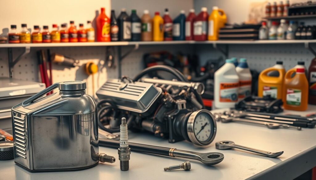 A pristine workbench in a well-lit garage, various classic car parts and fluids neatly arranged. In the foreground, a shiny chrome oil can, a set of spark plugs, and a vintage-style pressure gauge. In the middle ground, a worn but well-maintained engine block, a radiator hose, and a gleaming set of wrenches. In the background, shelves filled with carefully labeled bottles of transmission fluid, brake fluid, and coolant, casting warm shadows across the scene. The lighting is soft and natural, capturing the rich textures and colors of the automotive components. This image evokes a sense of care, expertise, and the timeless pursuit of preserving the mechanical heart of a classic automobile. A pristine workbench in a well-lit garage, various classic car parts and fluids neatly arranged. In the foreground, a shiny chrome oil can, a set of spark plugs, and a vintage-style pressure gauge. In the middle ground, a worn but well-maintained engine block, a radiator hose, and a gleaming set of wrenches. In the background, shelves filled with carefully labeled bottles of transmission fluid, brake fluid, and coolant, casting warm shadows across the scene. The lighting is soft and natural, capturing the rich textures and colors of the automotive components. This image evokes a sense of care, expertise, and the timeless pursuit of preserving the mechanical heart of a classic automobile.