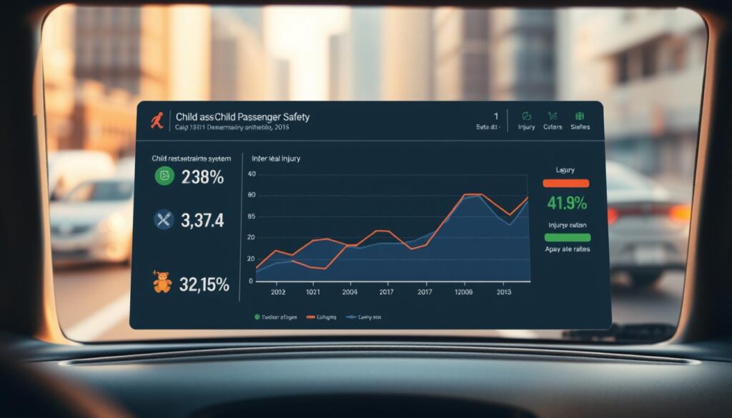 A realistic data visualization dashboard displays child passenger safety statistics on a sleek, minimalist interface. In the foreground, infographic icons and clean typography highlight key metrics like seat belt usage, child restraint system installation, and injury rates. In the middle ground, a line chart tracks these safety indicators over time, with a color-coded legend. The background features a soft, blurred cityscape, evoking a sense of urban transportation and the importance of child safety on the roads. Warm, directional lighting casts subtle shadows, creating depth and a professional, educational atmosphere.