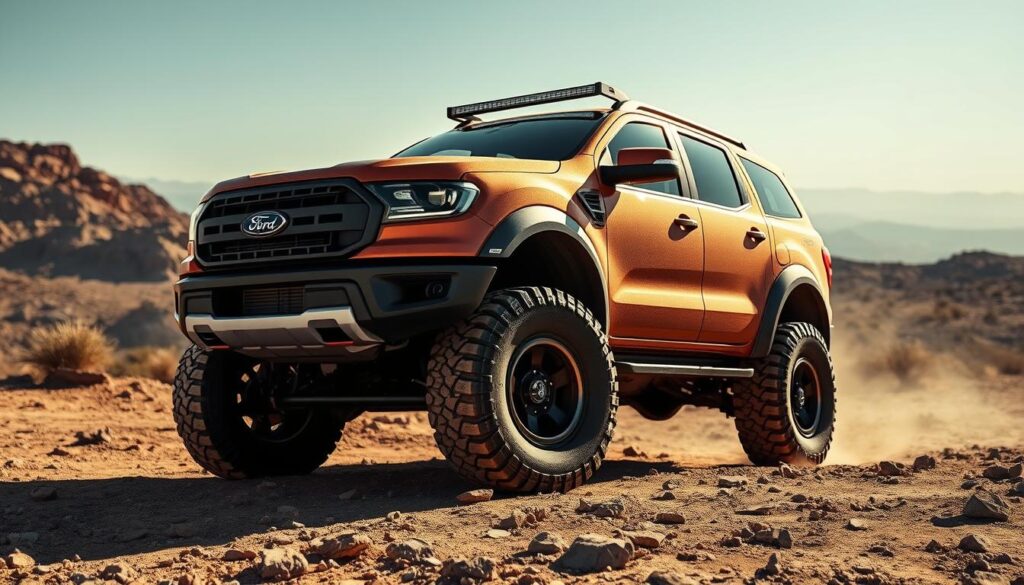 A rugged Ford Tremor SUV stands in a dusty off-road landscape, its massive all-terrain tires and heavy-duty suspension system firmly grounded on the rocky terrain. The vehicle's front grille and bold design cues convey a sense of power and capability. Sunlight casts dramatic shadows across the Tremor's muscular fenders and flared wheel arches, highlighting its aggressive stance. In the background, a hazy horizon suggests a remote, untamed wilderness, setting the stage for the Tremor's exploration of the great outdoors. The image captures the essence of Ford's off-road engineering prowess, showcasing the Tremor as a true pioneer in the world of adventure-ready SUVs. A rugged Ford Tremor SUV stands in a dusty off-road landscape, its massive all-terrain tires and heavy-duty suspension system firmly grounded on the rocky terrain. The vehicle's front grille and bold design cues convey a sense of power and capability. Sunlight casts dramatic shadows across the Tremor's muscular fenders and flared wheel arches, highlighting its aggressive stance. In the background, a hazy horizon suggests a remote, untamed wilderness, setting the stage for the Tremor's exploration of the great outdoors. The image captures the essence of Ford's off-road engineering prowess, showcasing the Tremor as a true pioneer in the world of adventure-ready SUVs.