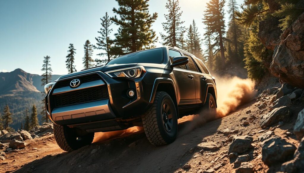 A rugged and capable Toyota 4Runner SUV navigates a challenging off-road terrain, kicking up clouds of dust under the warm afternoon sun. The muscular vehicle's aggressive front grille and bold fender flares project an aura of adventure and capability. The 4Runner's wheels dig into the rocky, uneven ground as it navigates a narrow, winding trail through a picturesque, mountainous landscape. Tall evergreen trees line the path, casting dynamic shadows across the vehicle's body. The image conveys the Toyota's trailblazing spirit and unwavering performance in the most demanding off-road environments. A rugged and capable Toyota 4Runner SUV navigates a challenging off-road terrain, kicking up clouds of dust under the warm afternoon sun. The muscular vehicle's aggressive front grille and bold fender flares project an aura of adventure and capability. The 4Runner's wheels dig into the rocky, uneven ground as it navigates a narrow, winding trail through a picturesque, mountainous landscape. Tall evergreen trees line the path, casting dynamic shadows across the vehicle's body. The image conveys the Toyota's trailblazing spirit and unwavering performance in the most demanding off-road environments.