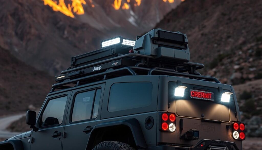 A rugged off-road vehicle equipped with upgraded overlanding lighting, including roof-mounted LED light bars, auxiliary spotlights, and rear-facing floodlights, illuminating the trail ahead and surrounding terrain. The vehicle's exterior is covered in a matte finish, blending seamlessly into the rugged, mountainous landscape. The scene is bathed in a warm, golden glow, casting dramatic shadows and highlighting the vehicle's functional modifications for enhanced trail navigation and safety. The image captures the essential elements of an overlanding setup, ready to tackle remote, challenging environments. A rugged off-road vehicle equipped with upgraded overlanding lighting, including roof-mounted LED light bars, auxiliary spotlights, and rear-facing floodlights, illuminating the trail ahead and surrounding terrain. The vehicle's exterior is covered in a matte finish, blending seamlessly into the rugged, mountainous landscape. The scene is bathed in a warm, golden glow, casting dramatic shadows and highlighting the vehicle's functional modifications for enhanced trail navigation and safety. The image captures the essential elements of an overlanding setup, ready to tackle remote, challenging environments.