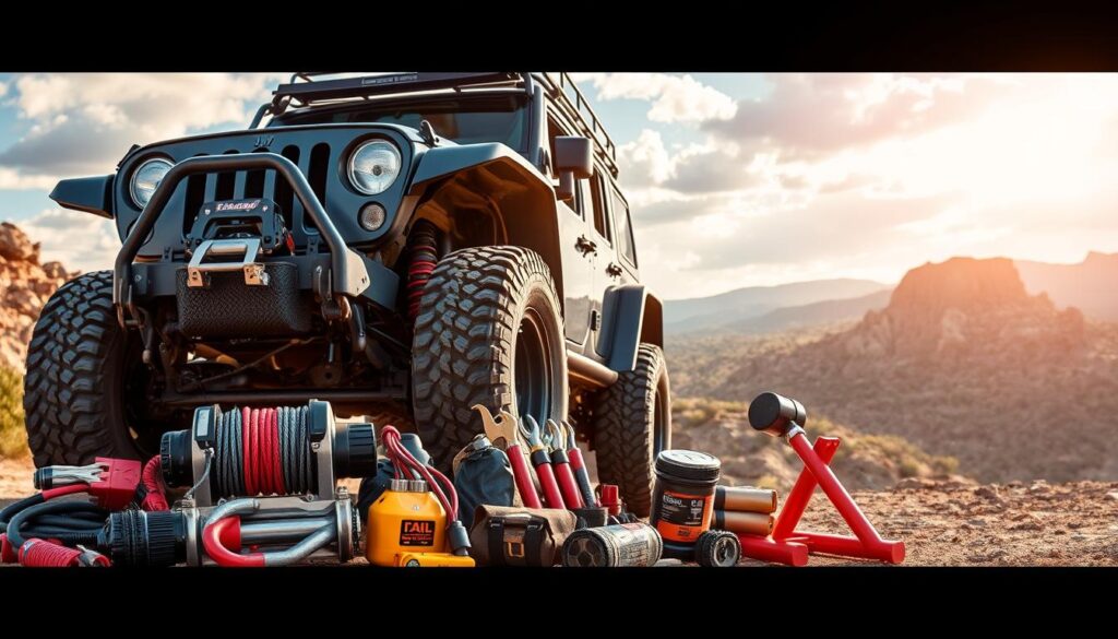 A rugged off-road vehicle, its tires raised high, stands poised for adventure, surrounded by an array of essential equipment. In the foreground, a sturdy winch, heavy-duty recovery gear, and an emergency toolkit lie ready for any challenge. The middle ground showcases a rooftop cargo carrier, a spare tire, and a high-lift jack, all meticulously organized. In the background, a panoramic landscape of rocky terrain and lush vegetation sets the stage for an exhilarating off-road expedition. Warm, golden sunlight filters through the scene, casting a sense of preparedness and excitement. This image captures the essence of the "Essential Off-Road Equipment and Vehicle Preparation" section, inspiring confidence and adventure for the beginner off-roader. A rugged off-road vehicle, its tires raised high, stands poised for adventure, surrounded by an array of essential equipment. In the foreground, a sturdy winch, heavy-duty recovery gear, and an emergency toolkit lie ready for any challenge. The middle ground showcases a rooftop cargo carrier, a spare tire, and a high-lift jack, all meticulously organized. In the background, a panoramic landscape of rocky terrain and lush vegetation sets the stage for an exhilarating off-road expedition. Warm, golden sunlight filters through the scene, casting a sense of preparedness and excitement. This image captures the essence of the "Essential Off-Road Equipment and Vehicle Preparation" section, inspiring confidence and adventure for the beginner off-roader.