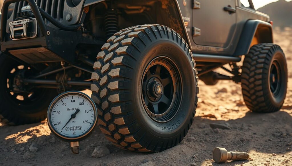 A rugged off-road vehicle with high ground clearance and knobby tires sits on a dusty, rocky terrain. The sun casts dramatic shadows, illuminating the vehicle's details - the sturdy suspension, the large wheel wells, and the prominent tire treads. In the foreground, a pressure gauge shows the optimal tire pressure for the demanding terrain. The overall scene conveys a sense of adventure and the importance of properly preparing a vehicle for off-road challenges. A rugged off-road vehicle with high ground clearance and knobby tires sits on a dusty, rocky terrain. The sun casts dramatic shadows, illuminating the vehicle's details - the sturdy suspension, the large wheel wells, and the prominent tire treads. In the foreground, a pressure gauge shows the optimal tire pressure for the demanding terrain. The overall scene conveys a sense of adventure and the importance of properly preparing a vehicle for off-road challenges.