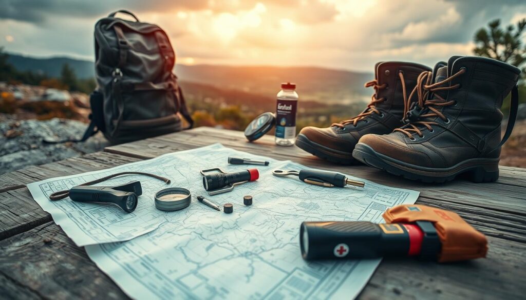 A rugged outdoor scene showcasing the essential survival gear for off-road adventures. In the foreground, a backpack, compass, flashlight, and multi-tool lie atop a map spread out on a weathered wooden surface. In the middle ground, a sturdy pair of hiking boots, a water bottle, and a first-aid kit stand ready. The background features a distant landscape of rocky terrain, lush foliage, and a dramatic cloudy sky, illuminated by warm, natural lighting, captured through a wide-angle lens. A rugged outdoor scene showcasing the essential survival gear for off-road adventures. In the foreground, a backpack, compass, flashlight, and multi-tool lie atop a map spread out on a weathered wooden surface. In the middle ground, a sturdy pair of hiking boots, a water bottle, and a first-aid kit stand ready. The background features a distant landscape of rocky terrain, lush foliage, and a dramatic cloudy sky, illuminated by warm, natural lighting, captured through a wide-angle lens.
