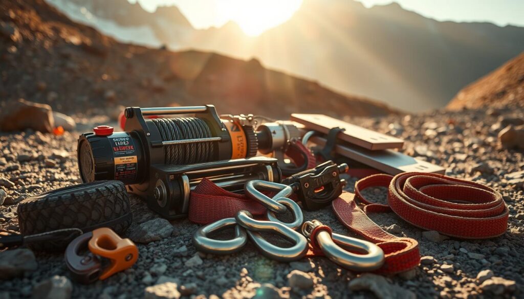 A rugged overlanding scene featuring an assortment of recovery gear: a heavy-duty winch, high-lift jack, recovery boards, tow straps, and shackles, all laid out on a rocky, off-road surface. Sunlight filters through the scene, casting warm shadows and highlights across the utilitarian equipment. The background showcases a towering mountain range, hinting at the remote, adventurous spirit of the overlanding lifestyle. The image conveys a sense of preparedness and capability, essential for tackling the challenges of remote expeditions. A rugged overlanding scene featuring an assortment of recovery gear: a heavy-duty winch, high-lift jack, recovery boards, tow straps, and shackles, all laid out on a rocky, off-road surface. Sunlight filters through the scene, casting warm shadows and highlights across the utilitarian equipment. The background showcases a towering mountain range, hinting at the remote, adventurous spirit of the overlanding lifestyle. The image conveys a sense of preparedness and capability, essential for tackling the challenges of remote expeditions.