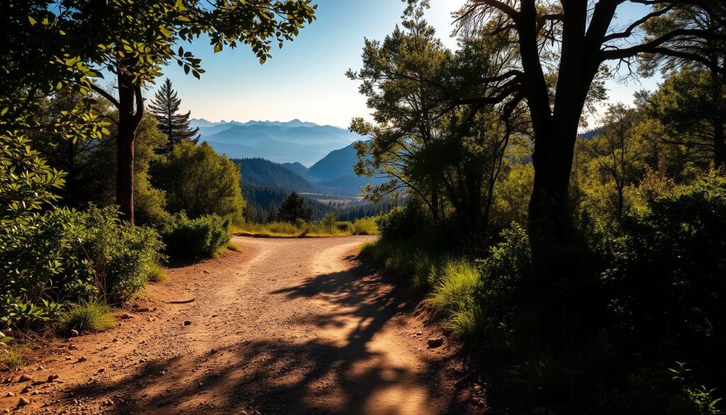 A rugged, sun-dappled off-road trail winds through a lush, verdant landscape. In the foreground, packed dirt and gravel lead the way, flanked by thick foliage and towering trees casting dynamic shadows. The middle ground reveals a vista of rolling hills and distant mountains, bathed in warm, golden light. The background is a breathtaking panorama of towering peaks, their rocky faces gleaming under a clear, azure sky. The scene evokes a sense of adventure and exploration, inviting the viewer to imagine the thrilling journey ahead on these untamed, challenging paths. A rugged, sun-dappled off-road trail winds through a lush, verdant landscape. In the foreground, packed dirt and gravel lead the way, flanked by thick foliage and towering trees casting dynamic shadows. The middle ground reveals a vista of rolling hills and distant mountains, bathed in warm, golden light. The background is a breathtaking panorama of towering peaks, their rocky faces gleaming under a clear, azure sky. The scene evokes a sense of adventure and exploration, inviting the viewer to imagine the thrilling journey ahead on these untamed, challenging paths.