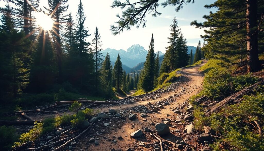 A rugged, winding off-road trail meanders through a lush, verdant landscape. Sunlight filters through the canopy of towering pines, casting a warm, golden glow over the scene. In the foreground, the path is strewn with rocks and fallen branches, challenging the adventurous driver. In the middle ground, the trail curves gently, disappearing into the distance, where majestic, snow-capped mountains rise up, their peaks shrouded in mist. The atmosphere is one of tranquility and excitement, inviting the viewer to explore the untamed wilderness. Shot with a wide-angle lens, the image captures the sense of scale and adventure inherent in this off-road trail. A rugged, winding off-road trail meanders through a lush, verdant landscape. Sunlight filters through the canopy of towering pines, casting a warm, golden glow over the scene. In the foreground, the path is strewn with rocks and fallen branches, challenging the adventurous driver. In the middle ground, the trail curves gently, disappearing into the distance, where majestic, snow-capped mountains rise up, their peaks shrouded in mist. The atmosphere is one of tranquility and excitement, inviting the viewer to explore the untamed wilderness. Shot with a wide-angle lens, the image captures the sense of scale and adventure inherent in this off-road trail.