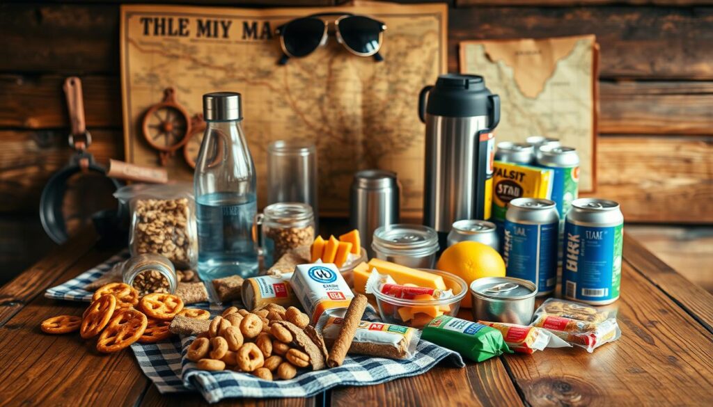 A rustic wooden table set with an assortment of road trip snacks and hydration essentials. In the foreground, a mix of salty pretzels, granola bars, trail mix, and fresh fruit rests on a checkered cloth. In the middle ground, a large reusable water bottle and several cans of sparkling water sit alongside a thermos of hot coffee. The background features a vintage-inspired map, a compass, and a pair of aviator sunglasses, hinting at the adventurous spirit of the road trip. Warm, natural lighting casts a cozy glow over the scene, creating an inviting and practical arrangement for travelers embarking on their journey.