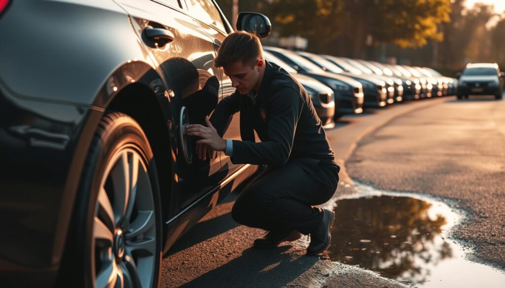 A security officer meticulously inspecting the exterior of a sedan, examining the door handles, wheels, and undercarriage with a focused gaze. The scene is bathed in warm, natural lighting, casting long shadows across the pavement. In the background, a row of parked cars stands at attention, their reflections rippling in a nearby puddle. The officer's movements are precise and deliberate, conveying a sense of diligence and attention to detail as they systematically check for any signs of tampering or suspicious activity. The overall atmosphere evokes a quiet, vigilant mood, highlighting the importance of thorough vehicle security measures. A security officer meticulously inspecting the exterior of a sedan, examining the door handles, wheels, and undercarriage with a focused gaze. The scene is bathed in warm, natural lighting, casting long shadows across the pavement. In the background, a row of parked cars stands at attention, their reflections rippling in a nearby puddle. The officer's movements are precise and deliberate, conveying a sense of diligence and attention to detail as they systematically check for any signs of tampering or suspicious activity. The overall atmosphere evokes a quiet, vigilant mood, highlighting the importance of thorough vehicle security measures.