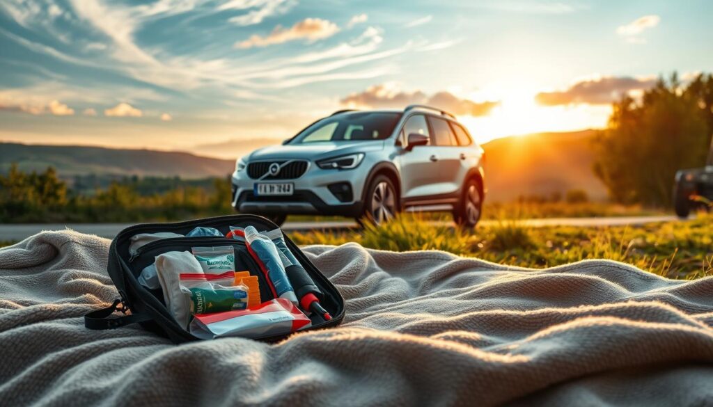 A serene landscape with a well-stocked car emergency kit resting peacefully in the foreground. Soft, warm lighting filters through wispy clouds, casting a gentle glow over the scene. The kit, meticulously organized with essential supplies, sits on a plush, weathered blanket, conveying a sense of preparedness and tranquility. In the middle ground, a reliable, gleaming vehicle stands as a symbol of safety and mobility. The background fades into a picturesque countryside, with rolling hills and lush, verdant foliage, evoking a feeling of security and calm. The overall atmosphere is one of mindfulness, where the car emergency kit represents a trusted companion, ready to provide peace of mind in the face of unexpected challenges on the road. A serene landscape with a well-stocked car emergency kit resting peacefully in the foreground. Soft, warm lighting filters through wispy clouds, casting a gentle glow over the scene. The kit, meticulously organized with essential supplies, sits on a plush, weathered blanket, conveying a sense of preparedness and tranquility. In the middle ground, a reliable, gleaming vehicle stands as a symbol of safety and mobility. The background fades into a picturesque countryside, with rolling hills and lush, verdant foliage, evoking a feeling of security and calm. The overall atmosphere is one of mindfulness, where the car emergency kit represents a trusted companion, ready to provide peace of mind in the face of unexpected challenges on the road.