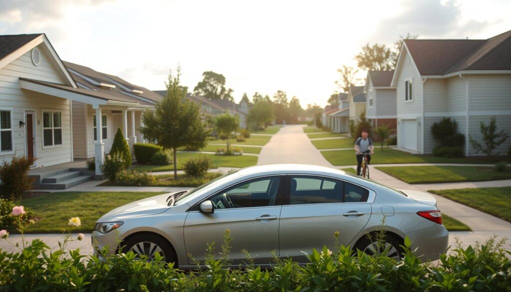 A serene suburban neighborhood with modest houses and well-kept yards. In the foreground, a family-friendly sedan is parked in the driveway, its exterior clean and well-maintained. The car is surrounded by lush greenery and a few flowering plants, reflecting a budget-conscious but eco-conscious lifestyle. The lighting is soft and natural, with the sun peeking through scattered clouds. In the middle ground, a jogger passes by, dressed in practical workout gear, and a cyclist pedals down the quiet street. The overall atmosphere conveys a sense of community, simplicity, and a thoughtful approach to daily transportation choices. A serene suburban neighborhood with modest houses and well-kept yards. In the foreground, a family-friendly sedan is parked in the driveway, its exterior clean and well-maintained. The car is surrounded by lush greenery and a few flowering plants, reflecting a budget-conscious but eco-conscious lifestyle. The lighting is soft and natural, with the sun peeking through scattered clouds. In the middle ground, a jogger passes by, dressed in practical workout gear, and a cyclist pedals down the quiet street. The overall atmosphere conveys a sense of community, simplicity, and a thoughtful approach to daily transportation choices.