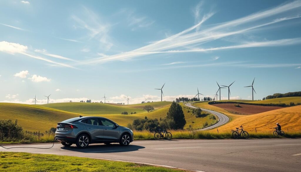 A serene, sun-dappled countryside landscape with rolling hills and lush greenery. In the foreground, an electric vehicle charges silently, its sleek design and zero-emission technology symbolizing eco-friendly driving. Wispy clouds drift overhead, casting gentle shadows on the scene. The middle ground features a winding road, with bicyclists and pedestrians enjoying the scenic route. In the background, wind turbines stand tall, generating renewable energy to power the sustainable transportation. The overall mood is one of harmony, where nature and technology coexist in a balanced, environmentally-conscious manner. A serene, sun-dappled countryside landscape with rolling hills and lush greenery. In the foreground, an electric vehicle charges silently, its sleek design and zero-emission technology symbolizing eco-friendly driving. Wispy clouds drift overhead, casting gentle shadows on the scene. The middle ground features a winding road, with bicyclists and pedestrians enjoying the scenic route. In the background, wind turbines stand tall, generating renewable energy to power the sustainable transportation. The overall mood is one of harmony, where nature and technology coexist in a balanced, environmentally-conscious manner.