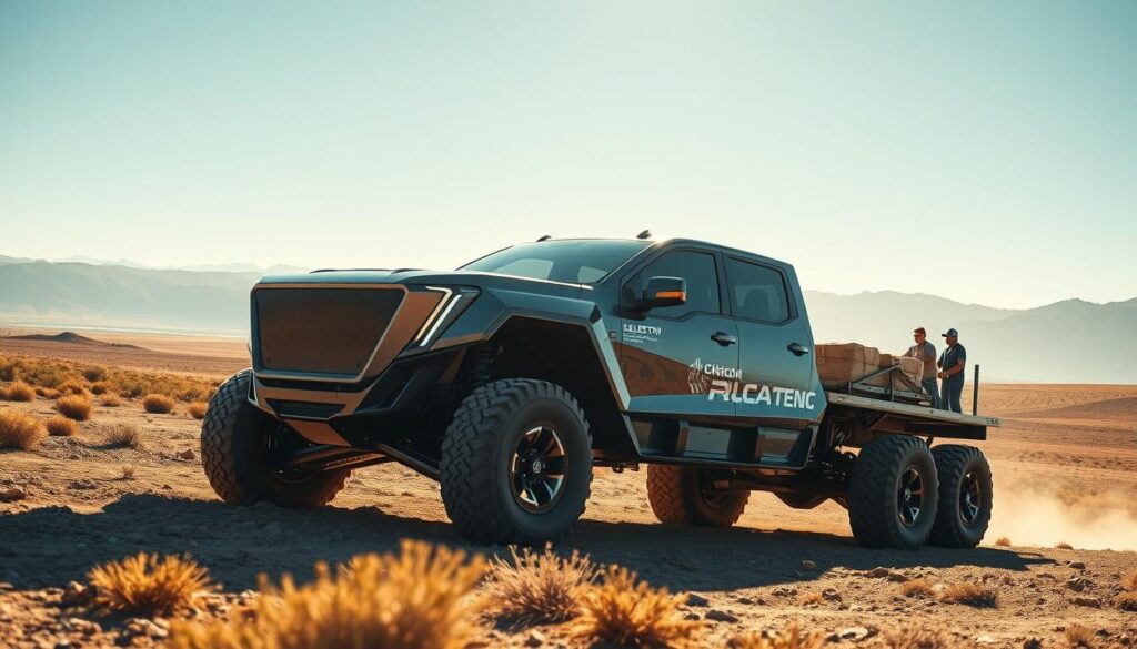 A sleek and powerful electric truck glides across a vast, sun-drenched landscape, its impressive size and muscular frame commanding attention. The truck's aerodynamic design and futuristic styling hint at its advanced capabilities, with a bold, chrome-accented grille and angular, LED-infused headlights that cut through the scene. In the foreground, the truck's massive, all-terrain tires grip the rugged terrain, showcasing its off-road prowess and ability to tackle even the most challenging environments. In the middle ground, a group of workers load cargo effortlessly into the truck's spacious, well-equipped bed, highlighting its versatility and functionality. The background features a stunning vista of rolling hills and distant mountains, bathed in a warm, golden light that lends an air of tranquility and adventure to the scene. A sleek and powerful electric truck glides across a vast, sun-drenched landscape, its impressive size and muscular frame commanding attention. The truck's aerodynamic design and futuristic styling hint at its advanced capabilities, with a bold, chrome-accented grille and angular, LED-infused headlights that cut through the scene. In the foreground, the truck's massive, all-terrain tires grip the rugged terrain, showcasing its off-road prowess and ability to tackle even the most challenging environments. In the middle ground, a group of workers load cargo effortlessly into the truck's spacious, well-equipped bed, highlighting its versatility and functionality. The background features a stunning vista of rolling hills and distant mountains, bathed in a warm, golden light that lends an air of tranquility and adventure to the scene.