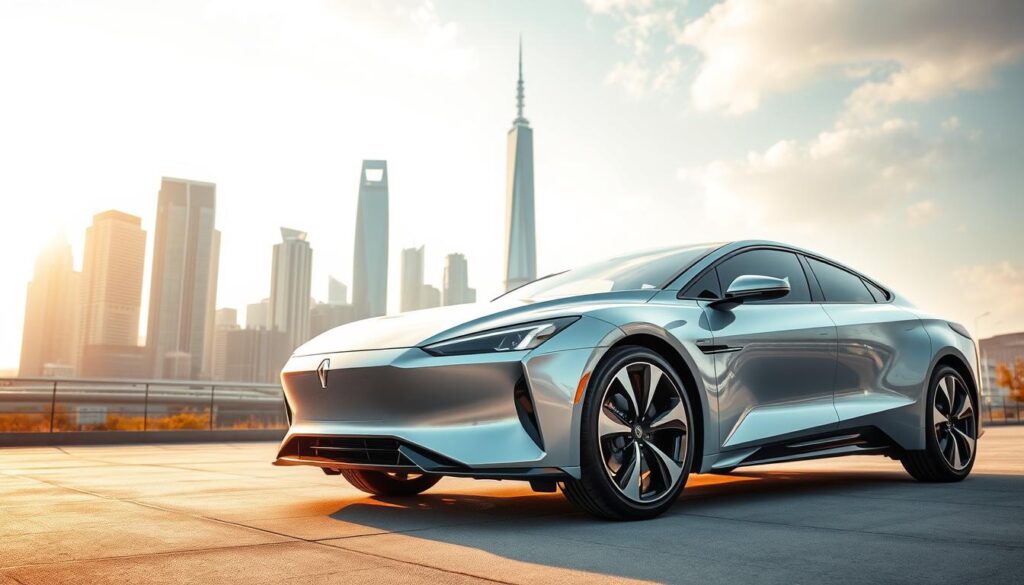 A sleek, futuristic hybrid vehicle rests in the foreground A sleek, futuristic hybrid vehicle rests in the foreground