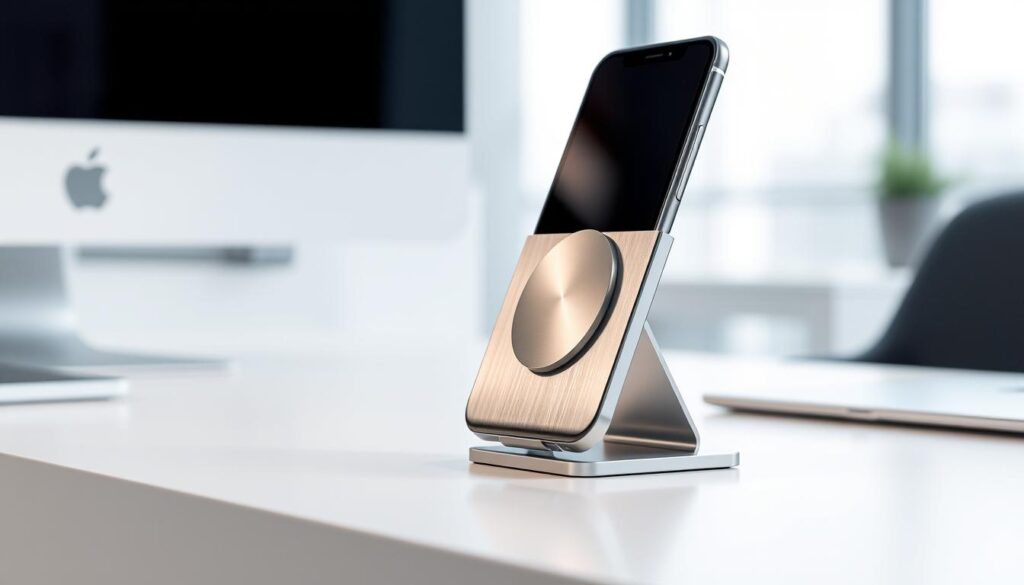 A sleek, metallic magnetic phone mount sits on a clean, minimalist desk. Carefully crafted with a brushed aluminum finish, it features a strong magnetic surface that effortlessly holds a smartphone in place, allowing for hands-free use. The mount is positioned at an optimal viewing angle, casting a soft, diffused light that illuminates the phone's display. The background is a blurred, modern office setting, creating a sense of professional, tech-savvy atmosphere. The overall composition conveys a sense of innovation, functionality, and seamless integration of technology into the user's workspace. A sleek, metallic magnetic phone mount sits on a clean, minimalist desk. Carefully crafted with a brushed aluminum finish, it features a strong magnetic surface that effortlessly holds a smartphone in place, allowing for hands-free use. The mount is positioned at an optimal viewing angle, casting a soft, diffused light that illuminates the phone's display. The background is a blurred, modern office setting, creating a sense of professional, tech-savvy atmosphere. The overall composition conveys a sense of innovation, functionality, and seamless integration of technology into the user's workspace.
