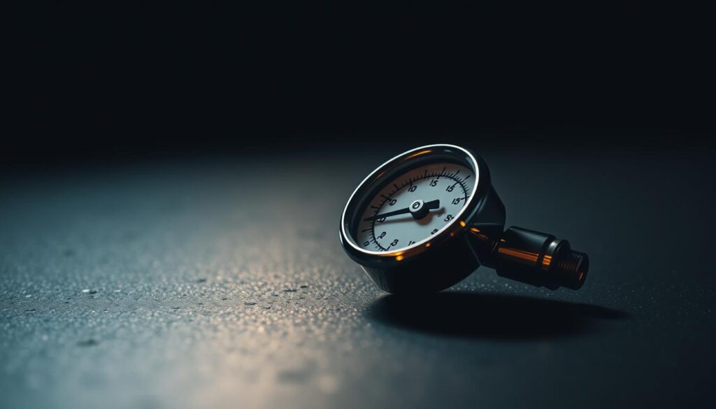 A sleek, metallic tire pressure gauge resting on a dimly lit, textured surface. The gauge's chrome finish catches the soft, warm light, creating subtle highlights and reflections. The foreground is in sharp focus, drawing the viewer's attention to the precise markings and needle of the instrument. The middle ground fades into a slightly blurred, minimalist background, emphasizing the simplicity and utility of the tool. The overall mood is one of understated professionalism, conveying the importance of properly maintaining tire pressure to improve fuel efficiency. A sleek, metallic tire pressure gauge resting on a dimly lit, textured surface. The gauge's chrome finish catches the soft, warm light, creating subtle highlights and reflections. The foreground is in sharp focus, drawing the viewer's attention to the precise markings and needle of the instrument. The middle ground fades into a slightly blurred, minimalist background, emphasizing the simplicity and utility of the tool. The overall mood is one of understated professionalism, conveying the importance of properly maintaining tire pressure to improve fuel efficiency.