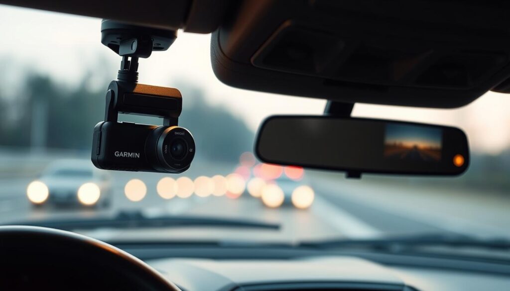 A sleek, modern Garmin DriveCam 76 dash cam mounted discreetly on the windshield of an older vehicle, capturing the road ahead with precision. The camera's compact, low-profile design blends seamlessly with the vehicle's interior, providing a clear, high-quality recording without drawing unwanted attention. Soft, warm lighting illuminates the dashboard, creating a cozy, well-lit atmosphere that enhances the driving experience. The camera's various connectivity options and intuitive controls are visible, showcasing its user-friendly interface and versatility for older vehicles lacking advanced infotainment systems. The scene conveys a sense of safety and reliability, reflecting the Garmin DriveCam 76's ability to provide valuable footage and peace of mind for drivers of older automobiles. A sleek, modern Garmin DriveCam 76 dash cam mounted discreetly on the windshield of an older vehicle, capturing the road ahead with precision. The camera's compact, low-profile design blends seamlessly with the vehicle's interior, providing a clear, high-quality recording without drawing unwanted attention. Soft, warm lighting illuminates the dashboard, creating a cozy, well-lit atmosphere that enhances the driving experience. The camera's various connectivity options and intuitive controls are visible, showcasing its user-friendly interface and versatility for older vehicles lacking advanced infotainment systems. The scene conveys a sense of safety and reliability, reflecting the Garmin DriveCam 76's ability to provide valuable footage and peace of mind for drivers of older automobiles.