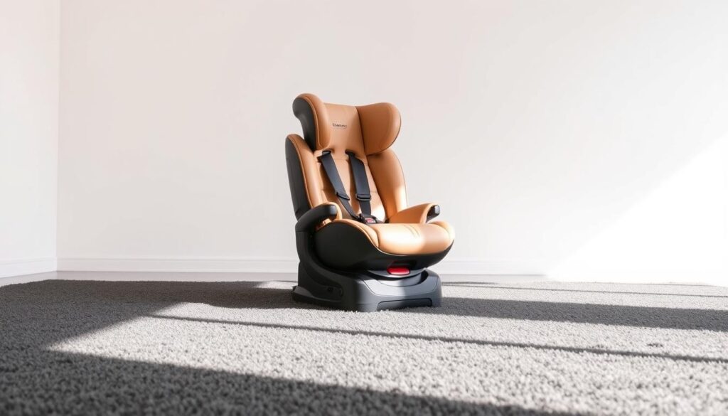 A sleek, modern convertible car seat stands in a well-lit, airy room. The seat is made of high-quality leather in a neutral tone, with adjustable headrest and recline settings. It is positioned on a plush, charcoal-colored carpet, with a bright, natural light source illuminating it from the side, casting soft shadows and highlights. The background is a minimalist, white-walled space, allowing the car seat to be the focal point. The overall scene conveys a sense of versatility, comfort, and practicality, perfectly suited for a growing child.