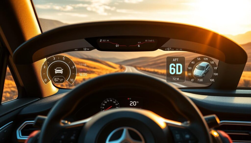 A sleek, modern dashboard display showcasing various fuel efficiency systems. In the foreground, a car's steering wheel and center console are prominently featured, with digital gauges and controls for cruise control, engine performance, and fuel consumption data. The middle ground depicts a scenic highway winding through rolling hills, with the car's exterior visible in the side mirrors. The background is bathed in warm, golden sunlight, conveying a sense of efficient, eco-friendly driving. The overall image exudes a futuristic, technologically-advanced aesthetic, highlighting the smart strategies drivers can employ to save fuel on the road.