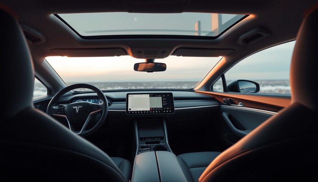 A sleek, modern electric car interior, bathed in a warm, soft lighting. The dashboard features a large, high-resolution display seamlessly integrated into the clean, minimalist design. Comfortable, supportive seats with premium upholstery create an inviting atmosphere. The center console houses intuitive touch controls and a wireless charging pad. Ambient lighting subtly accentuates the cabin's elegant lines and curves. Expansive windows allow for panoramic views, heightening the sense of space and openness. The overall aesthetic is one of sophisticated technology, comfort, and attention to detail, embodying the best of modern electric car design. A sleek, modern electric car interior, bathed in a warm, soft lighting. The dashboard features a large, high-resolution display seamlessly integrated into the clean, minimalist design. Comfortable, supportive seats with premium upholstery create an inviting atmosphere. The center console houses intuitive touch controls and a wireless charging pad. Ambient lighting subtly accentuates the cabin's elegant lines and curves. Expansive windows allow for panoramic views, heightening the sense of space and openness. The overall aesthetic is one of sophisticated technology, comfort, and attention to detail, embodying the best of modern electric car design.