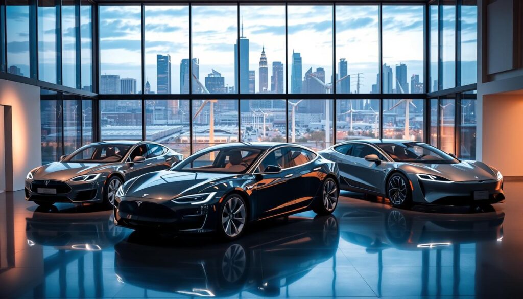 A sleek, modern electric vehicle showroom with dramatic lighting and floor-to-ceiling windows. In the foreground, three of the most acclaimed electric car models - a Tesla Model S, a Rivian R1T, and a Lucid Air - are prominently displayed, their clean lines and futuristic designs gleaming under the warm, directional lighting. The middle ground features additional electric cars in various colors and styles, arranged in an eye-catching display. In the background, a cityscape of skyscrapers and renewable energy infrastructure sets the scene, conveying a vision of sustainable urban mobility. The overall mood is one of innovation, technology, and environmental responsibility. A sleek, modern electric vehicle showroom with dramatic lighting and floor-to-ceiling windows. In the foreground, three of the most acclaimed electric car models - a Tesla Model S, a Rivian R1T, and a Lucid Air - are prominently displayed, their clean lines and futuristic designs gleaming under the warm, directional lighting. The middle ground features additional electric cars in various colors and styles, arranged in an eye-catching display. In the background, a cityscape of skyscrapers and renewable energy infrastructure sets the scene, conveying a vision of sustainable urban mobility. The overall mood is one of innovation, technology, and environmental responsibility.