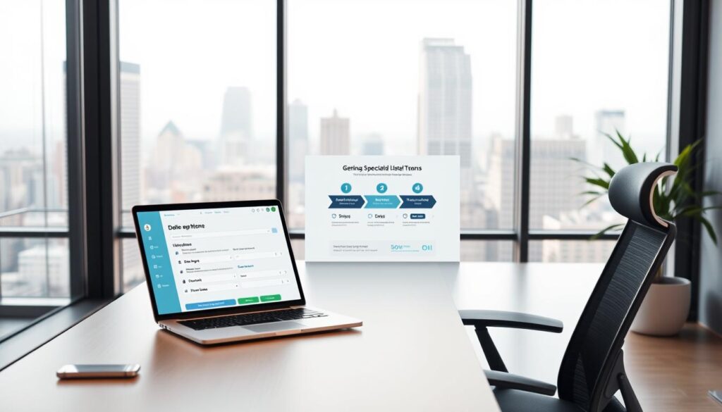 A sleek, modern office workspace with a minimalist desk and ergonomic chair. In the foreground, a laptop and tablet display a streamlined loan application interface, with clean lines, intuitive icons, and a calming color palette. The middle ground features a stylized infographic illustrating the step-by-step loan process, guiding the user through each stage. The background showcases a large window overlooking a vibrant cityscape, bathed in warm, diffused natural lighting that creates a sense of openness and efficiency. The overall atmosphere conveys a seamless, user-friendly experience for navigating specialized financing options.