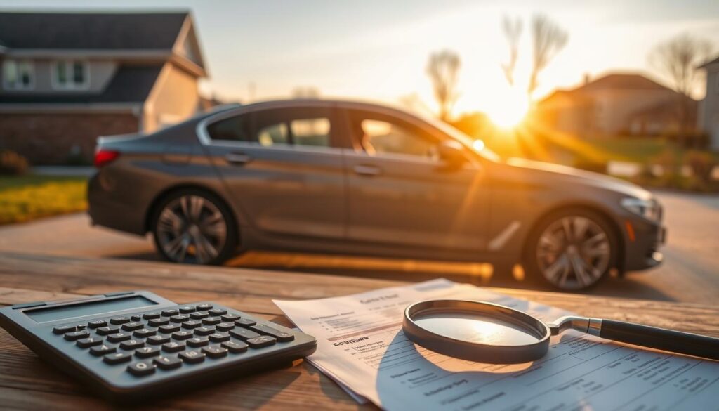 A sleek, modern sedan parked in a driveway, casting long shadows as the sun dips low in the sky. In the foreground, a calculator, financial documents, and a magnifying glass lie on a wooden table, hinting at the careful consideration of car payment options. The background blurs into a suburban neighborhood, suggesting the broader financial context. Soft, warm lighting illuminates the scene, creating an atmosphere of contemplation and deliberation around the financial implications of car ownership. Angled shots capture the interplay of the car, paperwork, and the surrounding environment, emphasizing the importance of this decision. A sleek, modern sedan parked in a driveway, casting long shadows as the sun dips low in the sky. In the foreground, a calculator, financial documents, and a magnifying glass lie on a wooden table, hinting at the careful consideration of car payment options. The background blurs into a suburban neighborhood, suggesting the broader financial context. Soft, warm lighting illuminates the scene, creating an atmosphere of contemplation and deliberation around the financial implications of car ownership. Angled shots capture the interplay of the car, paperwork, and the surrounding environment, emphasizing the importance of this decision.