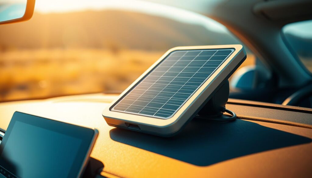 A sleek, modern solar-powered car battery charger rests on the dashboard of a parked electric vehicle. The device features a large, high-efficiency solar panel that captures sunlight, efficiently converting it into electrical energy to recharge the car's battery. The charger's minimalist, streamlined design blends seamlessly with the vehicle's interior, complementing its eco-friendly aesthetic. Warm, directional lighting illuminates the device, creating a sense of functionality and technological sophistication. The charger is positioned at a slight angle, showcasing its innovative form and drawing the viewer's attention to its key features. The background is a serene, natural landscape, emphasizing the sustainable nature of the solar-powered accessory. A sleek, modern solar-powered car battery charger rests on the dashboard of a parked electric vehicle. The device features a large, high-efficiency solar panel that captures sunlight, efficiently converting it into electrical energy to recharge the car's battery. The charger's minimalist, streamlined design blends seamlessly with the vehicle's interior, complementing its eco-friendly aesthetic. Warm, directional lighting illuminates the device, creating a sense of functionality and technological sophistication. The charger is positioned at a slight angle, showcasing its innovative form and drawing the viewer's attention to its key features. The background is a serene, natural landscape, emphasizing the sustainable nature of the solar-powered accessory.